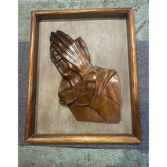 Vintage Carved Praying Hands on Wood Plaque  Religious Faith - Picture 1 of 5